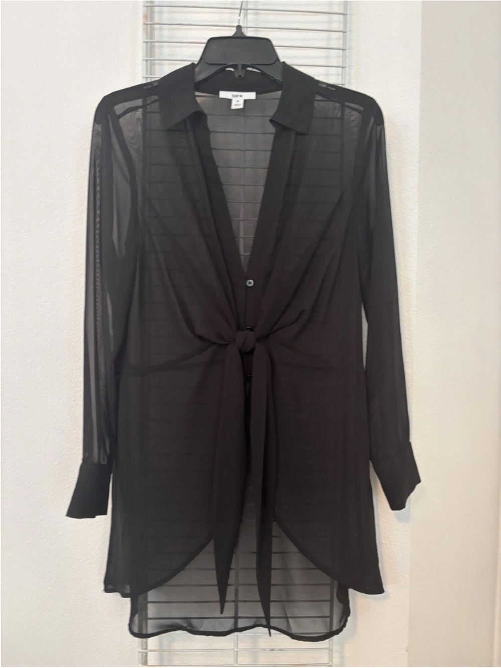 Bar III Sheer Tie-Front Black Button-Accent Blouse with Long Cuffed Sleeves